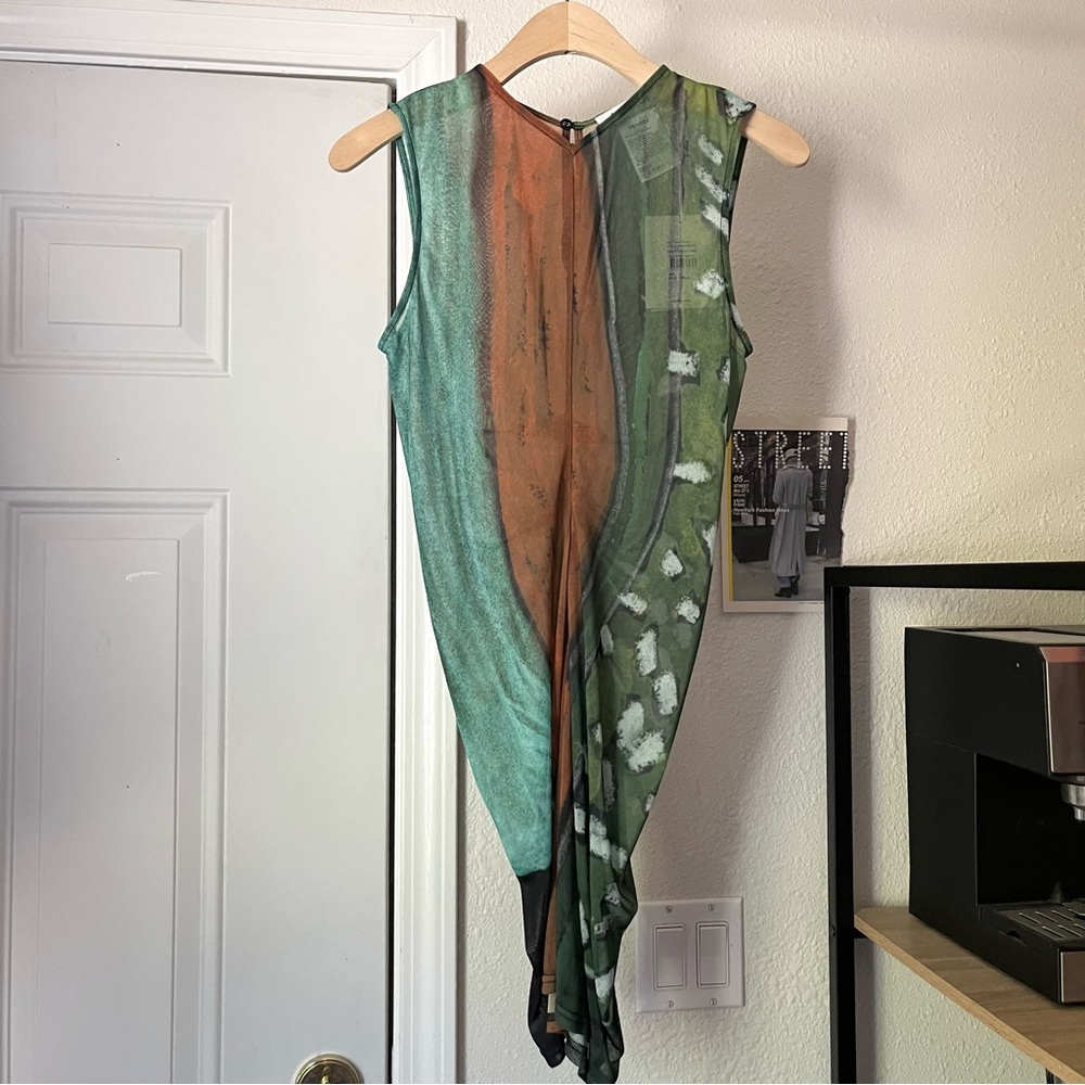 NWT VENROY orange green sheer mesh stripe abstract paint sleeveless mini dress